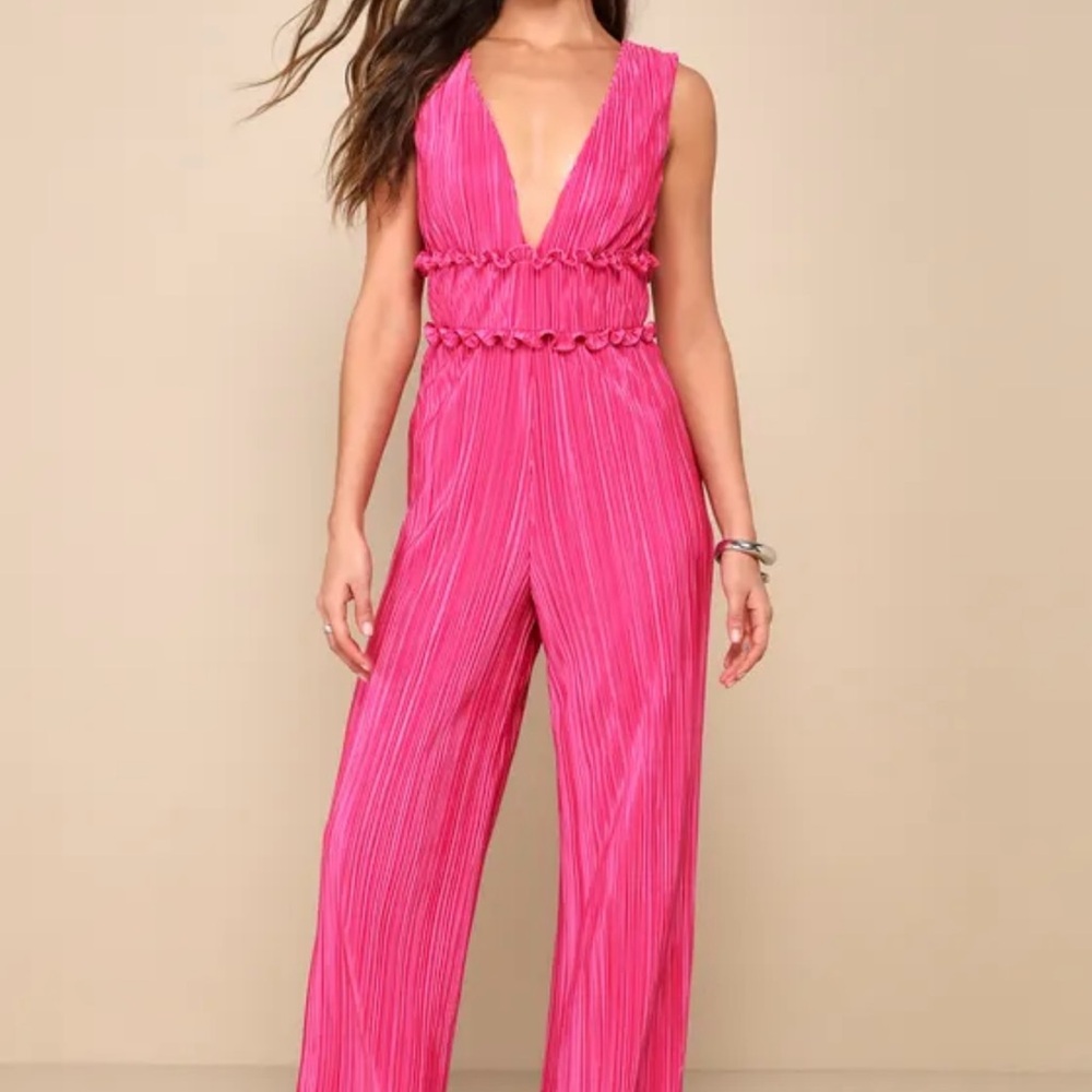 Spectacular Aura Hot Pink Satin Plisse V-Neck Wide-Leg Jumpsuit